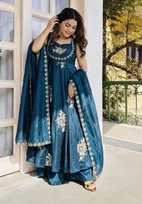 Teal Embroidery Silk Kurta Set
