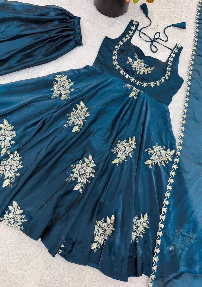 Teal Embroidery Silk Kurta Set - Indya
