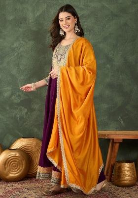 Wine Embroidery Silk Anarkali Set