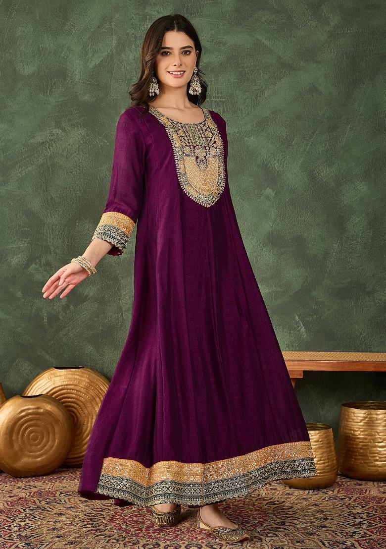 Wine Embroidery Silk Anarkali Set - Indya