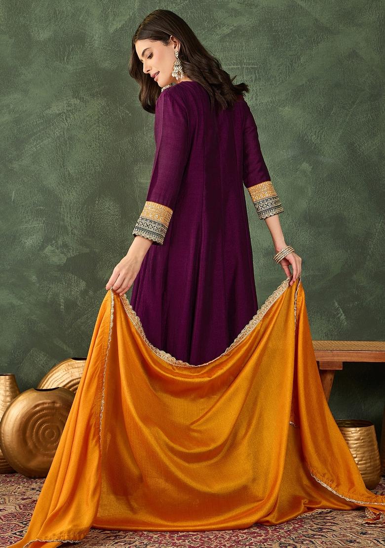 Wine Embroidery Silk Anarkali Set - Indya