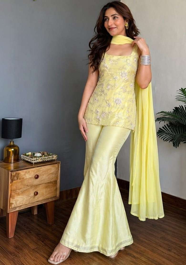 Yellow Embroidery Georgette Palazzo Set - Indya