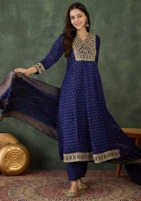 Blue Embroidery Silk Kurta Set
