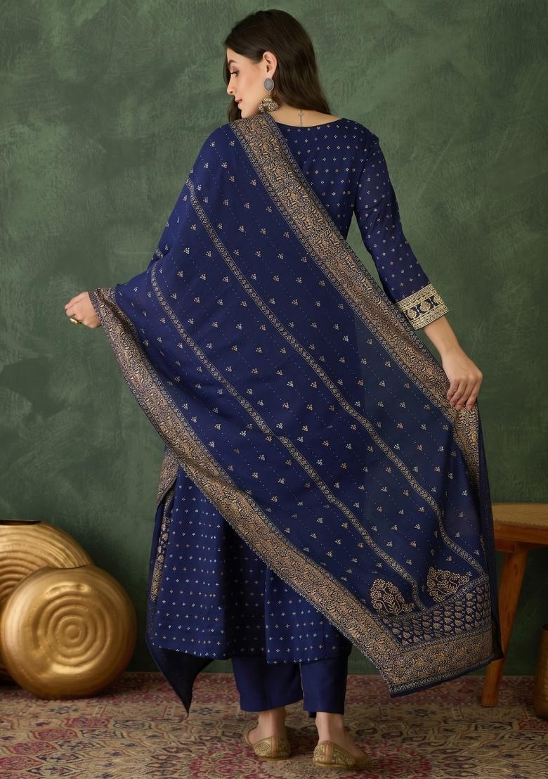 Blue Embroidery Silk Kurta Set - Indya