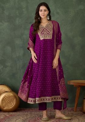 Wine Embroidery Silk Kurta Set