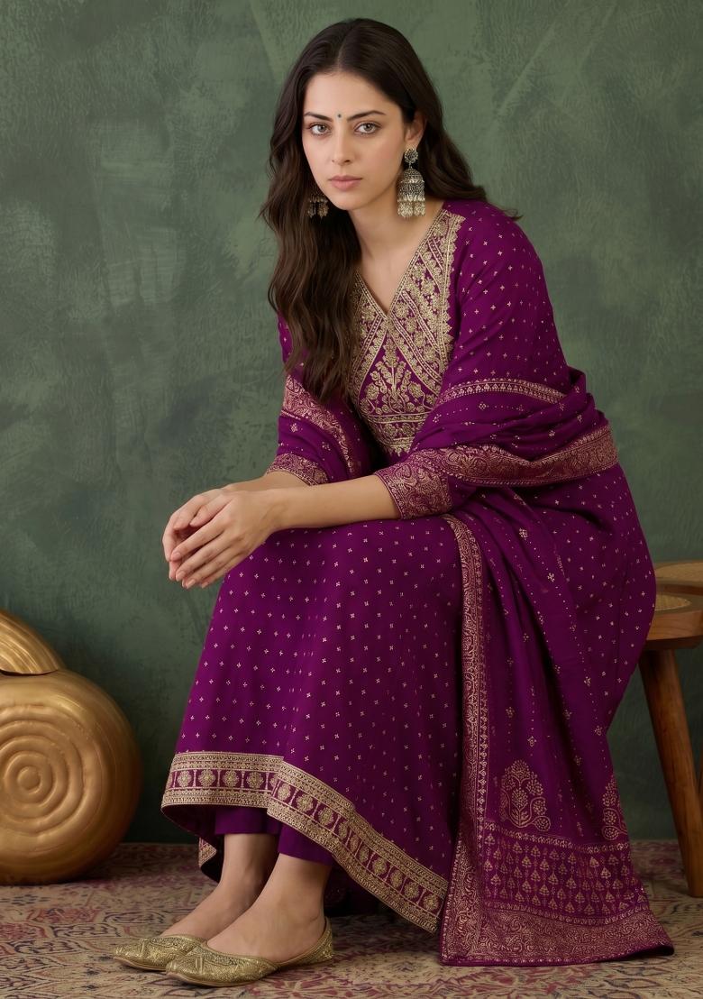 Wine Embroidery Silk Kurta Set - Indya