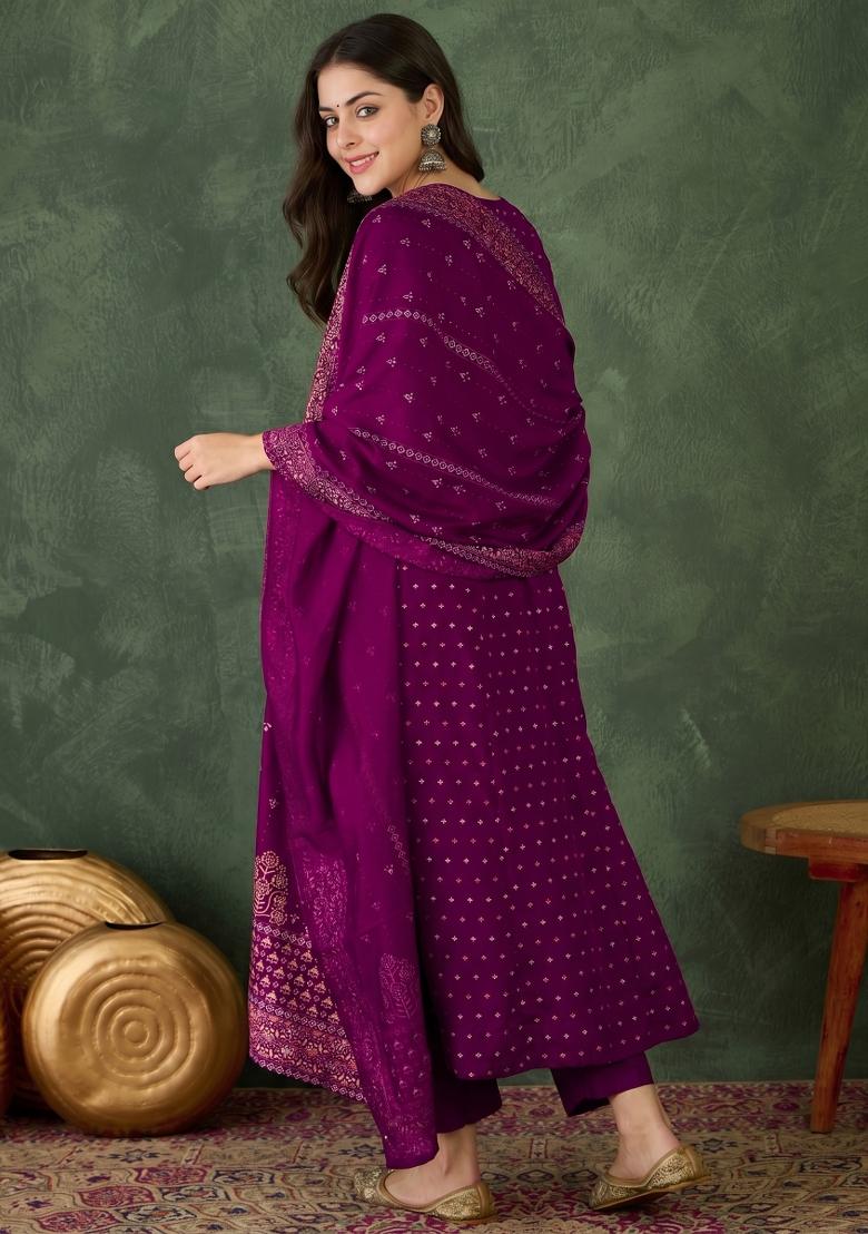 Wine Embroidery Silk Kurta Set - Indya