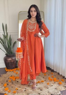 Orange Embroidery Silk Kurta Set