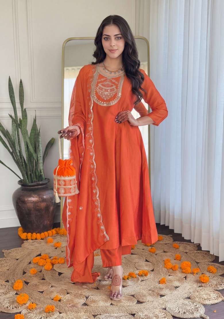 Orange Embroidery Silk Kurta Set - Indya