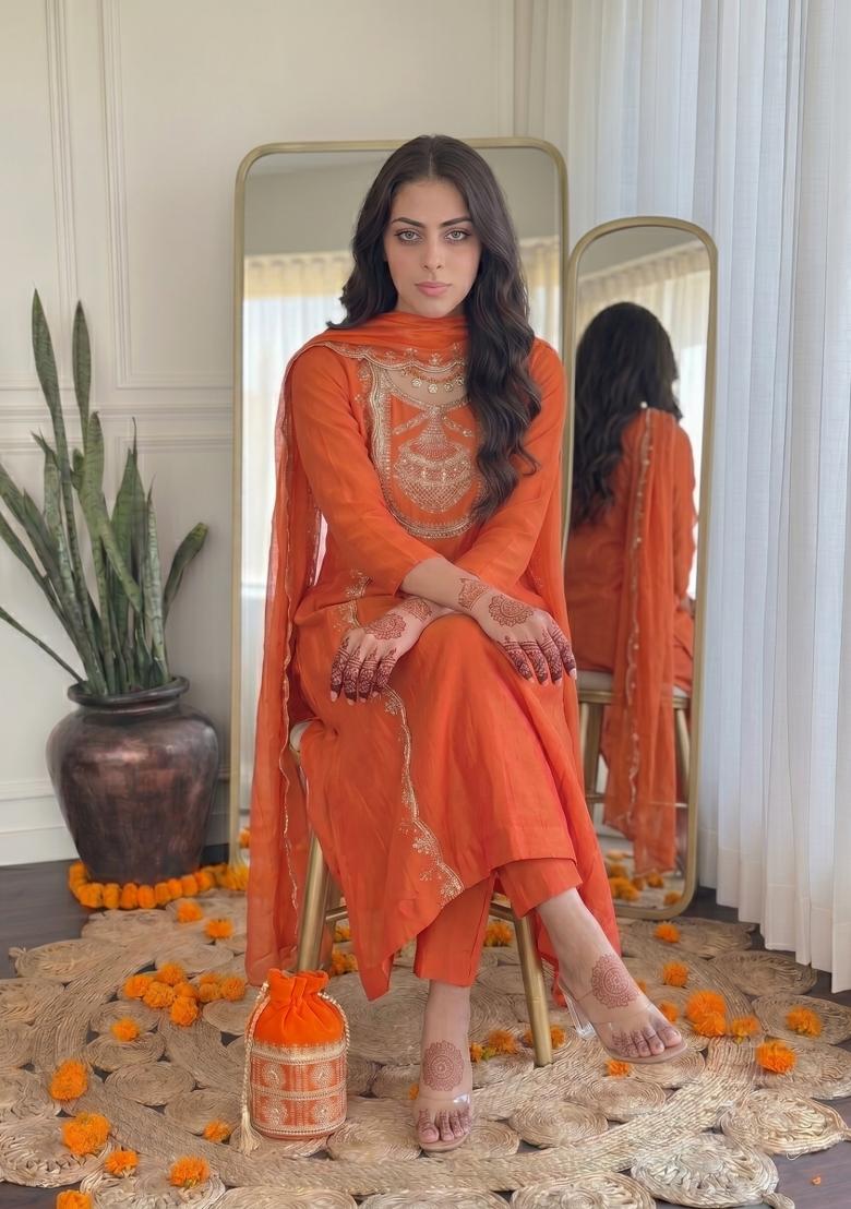 Orange Embroidery Silk Kurta Set - Indya