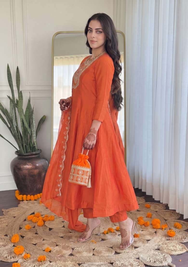 Orange Embroidery Silk Kurta Set - Indya