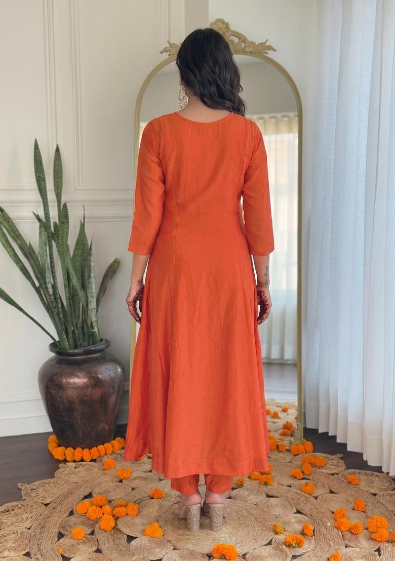 Orange Embroidery Silk Kurta Set - Indya