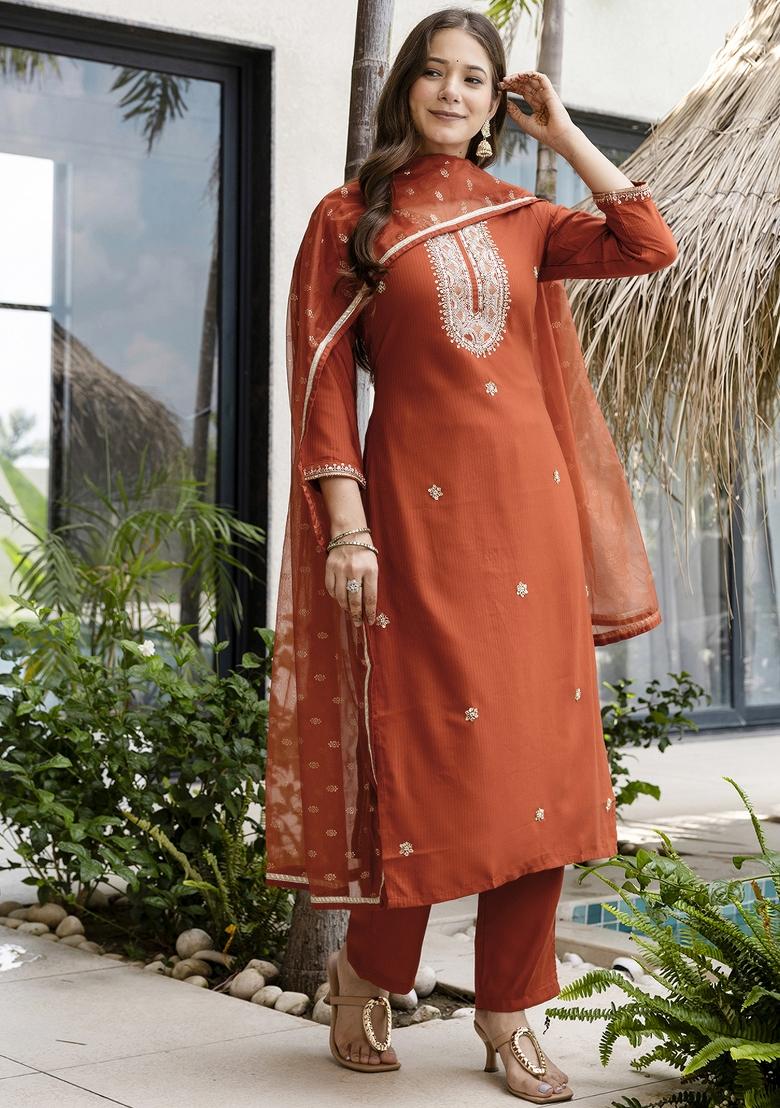 Rust Embroidery Silk Kurta Set - Indya
