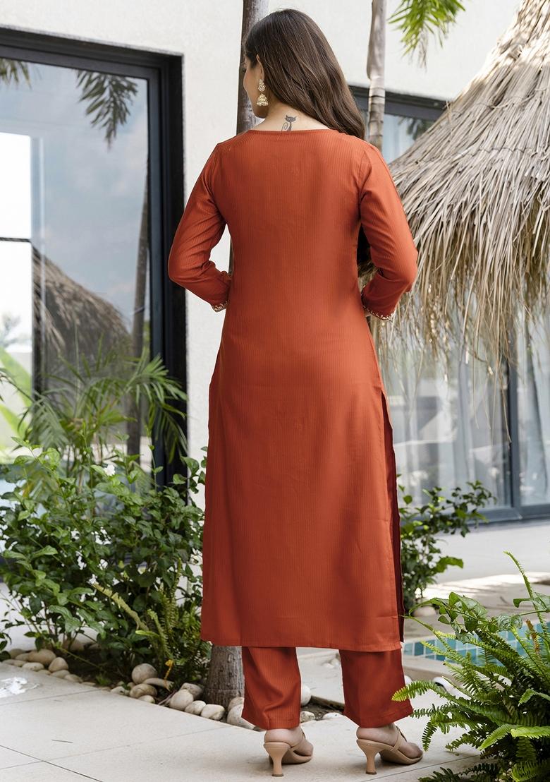 Rust Embroidery Silk Kurta Set - Indya