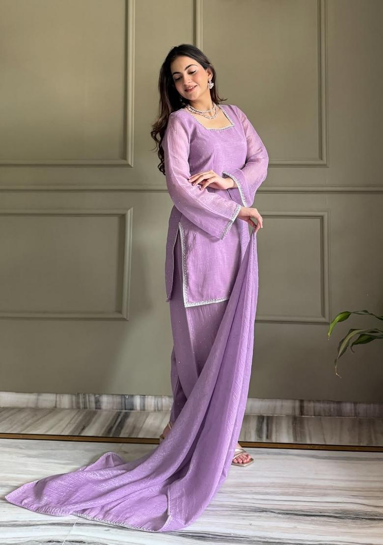 Lavender Embroidery Silk Kurta Set - Indya