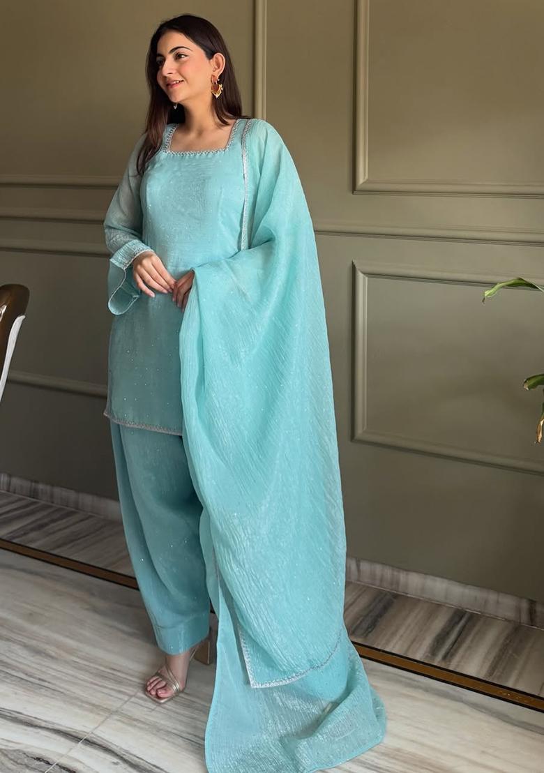 Sky Blue Embroidery Silk Kurta Set - Indya