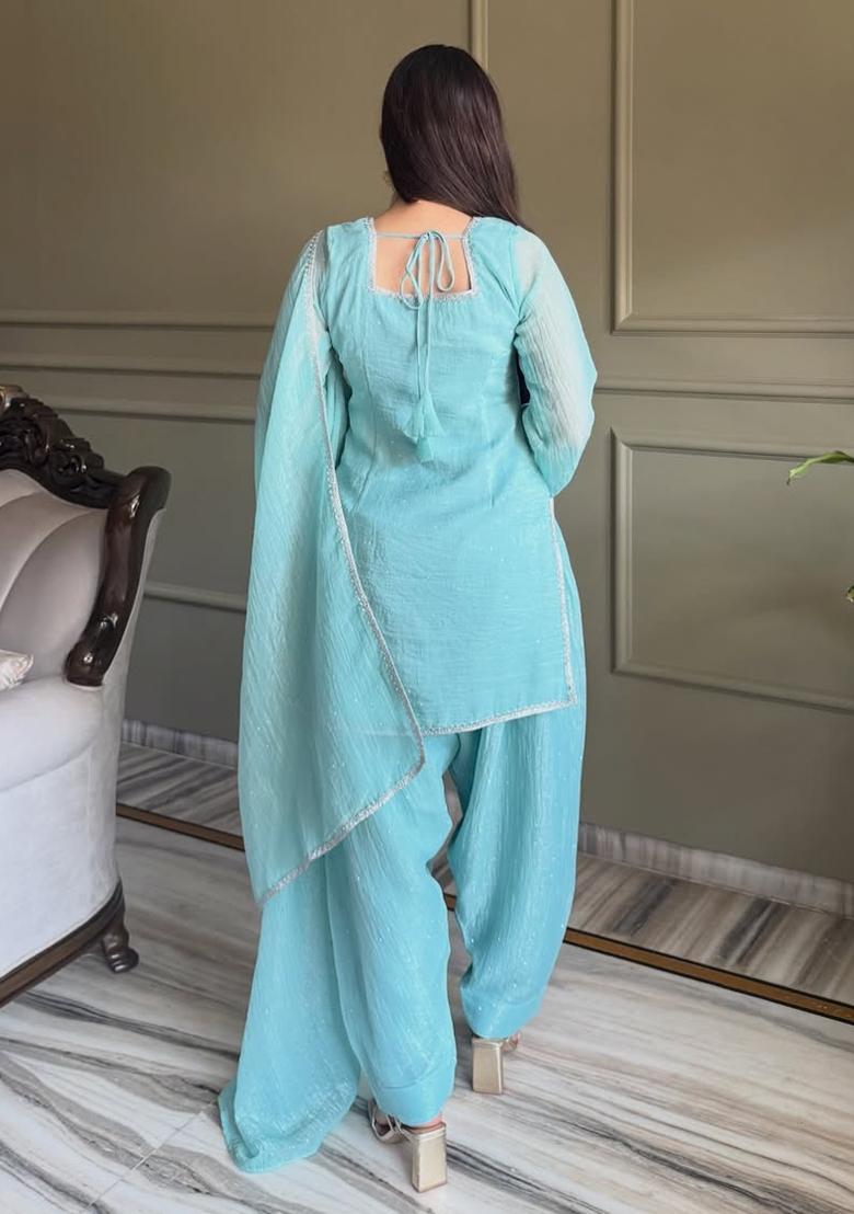 Sky Blue Embroidery Silk Kurta Set - Indya