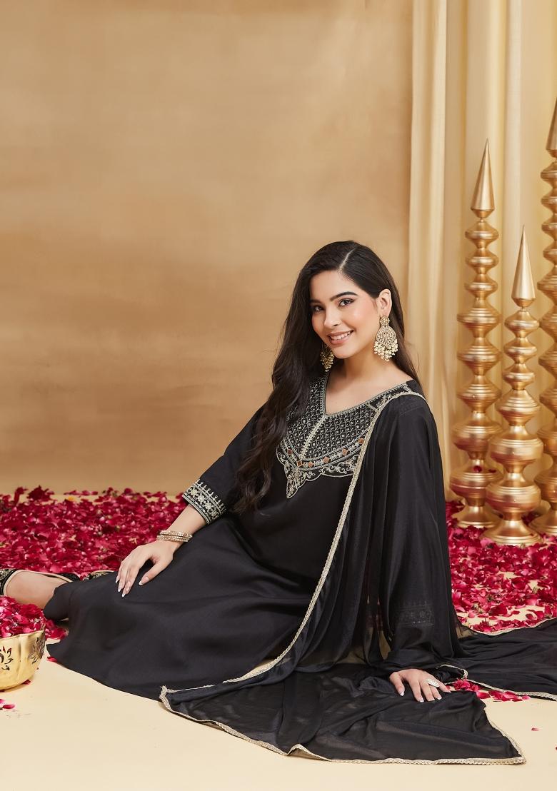 Black Embroidery Rayon Kurta Set - Indya