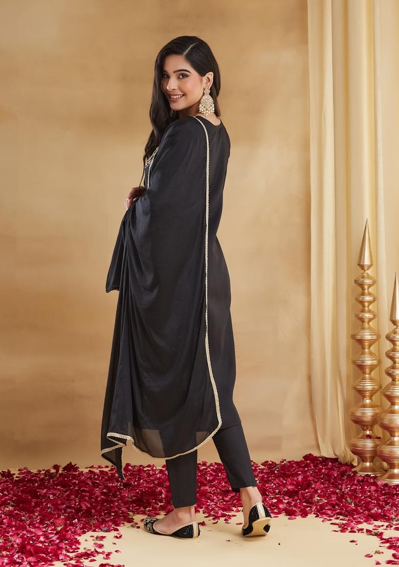 Black Embroidery Rayon Kurta Set - Indya