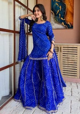 Blue Printed Silk Lehenga Set