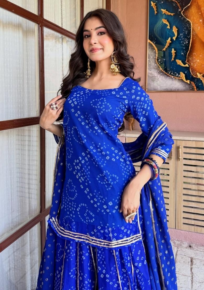 Blue Printed Silk Lehenga Set - Indya