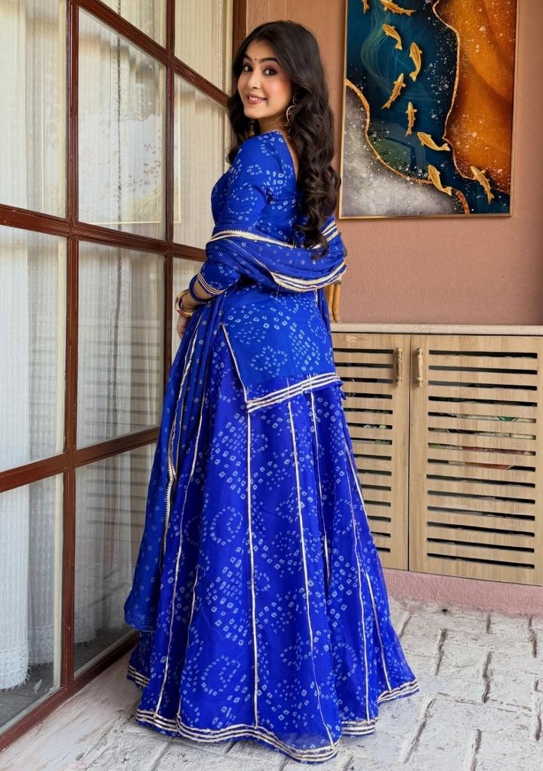 Blue Printed Silk Lehenga Set - Indya