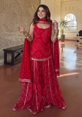Red Printed Silk Lehenga Set