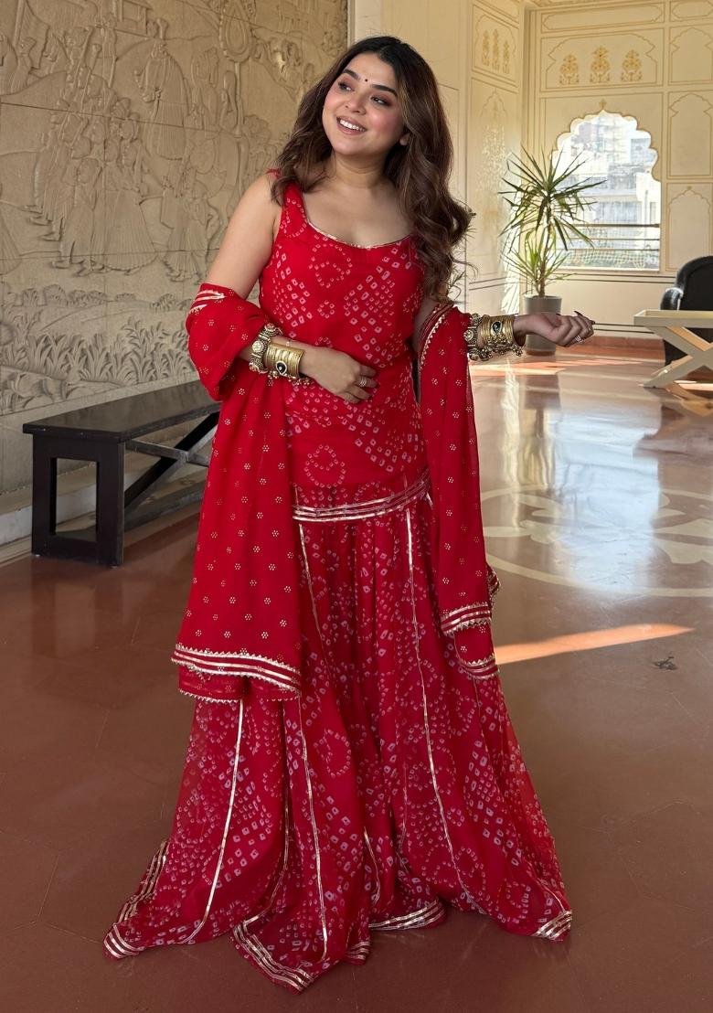 Red Printed Silk Lehenga Set - Indya