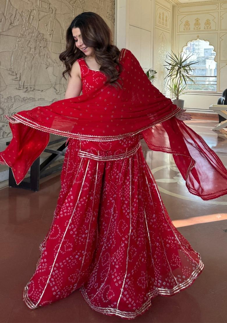 Red Printed Silk Lehenga Set - Indya