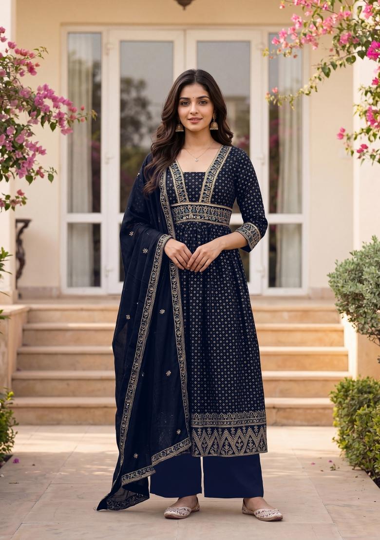 Nevy Blue Printed Silk Palazzo Set - Indya