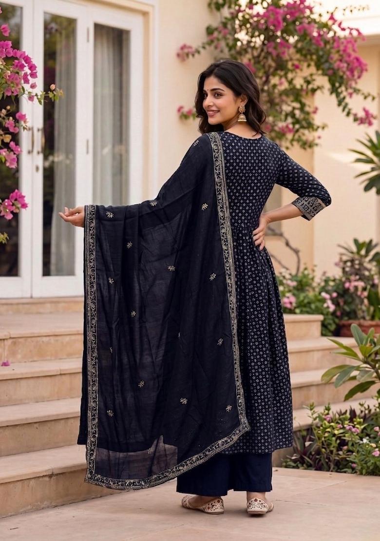 Nevy Blue Printed Silk Palazzo Set - Indya