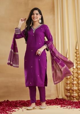 Wine Embroidery Rayon Kurta Set