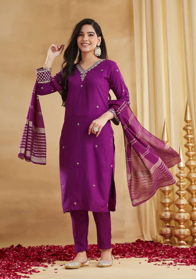 Wine Embroidery Rayon Kurta Set - Indya
