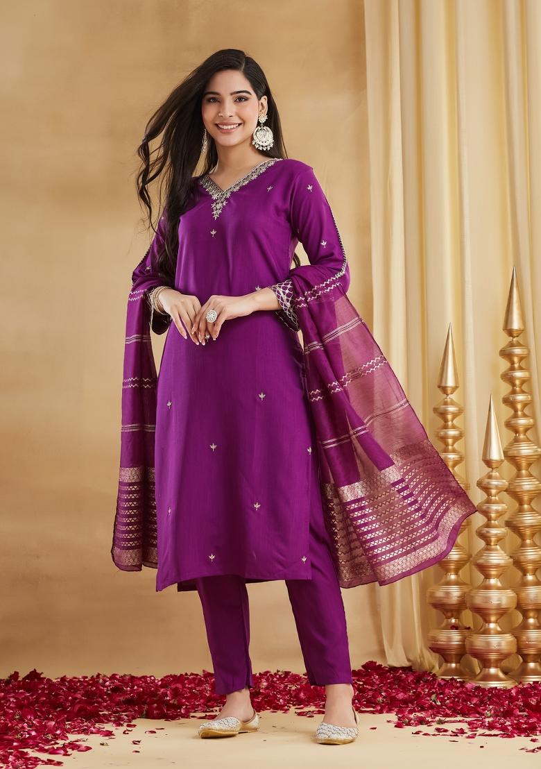 Wine Embroidery Rayon Kurta Set - Indya