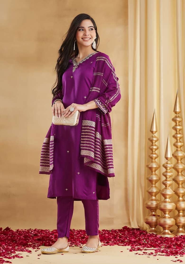 Wine Embroidery Rayon Kurta Set - Indya