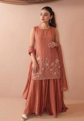 Peach Embroidery Silk Sharara Set