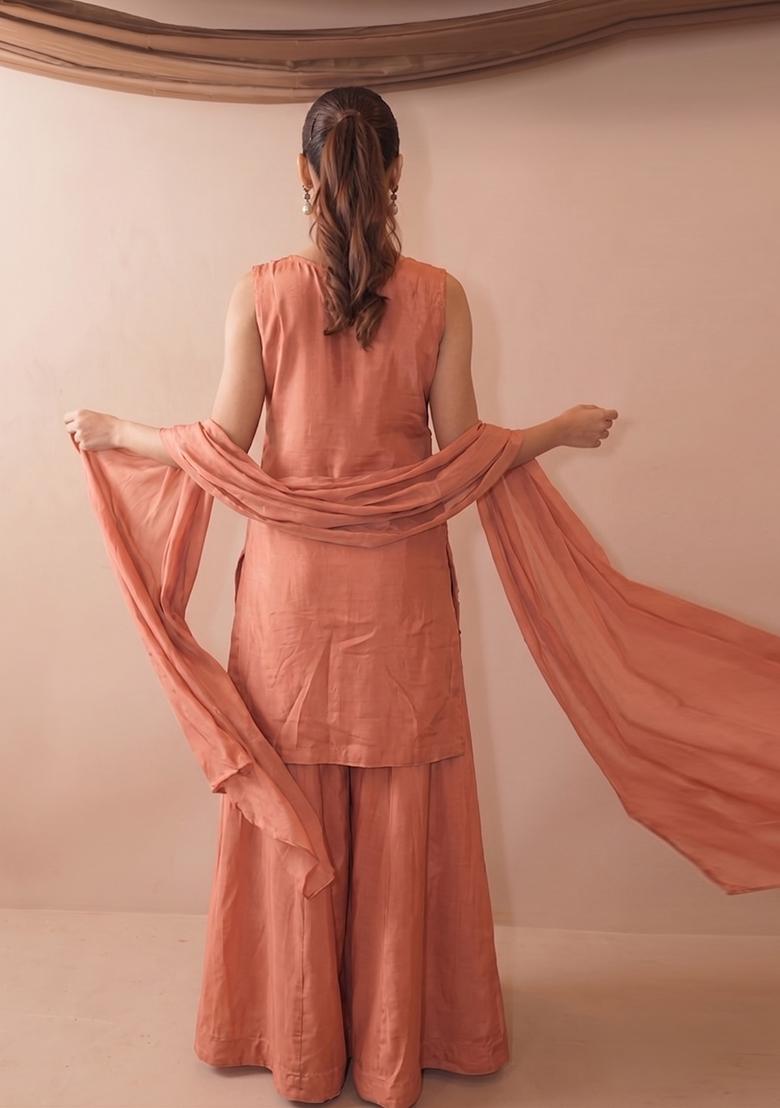 Peach Embroidery Silk Sharara Set - Indya