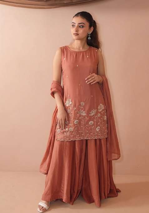 Peach Embroidery Silk Sharara Set