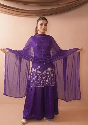 Purple Embroidery Silk Sharara Set