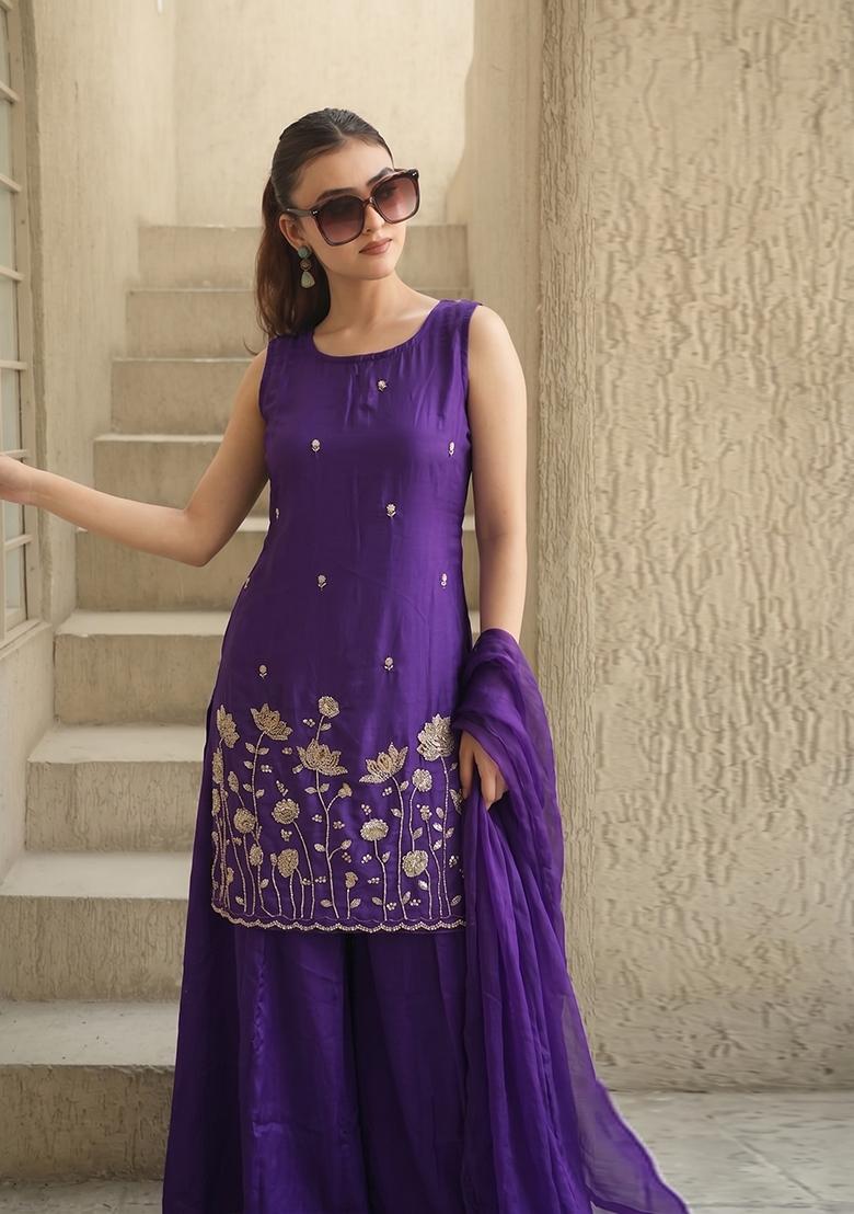 Purple Embroidery Silk Sharara Set - Indya
