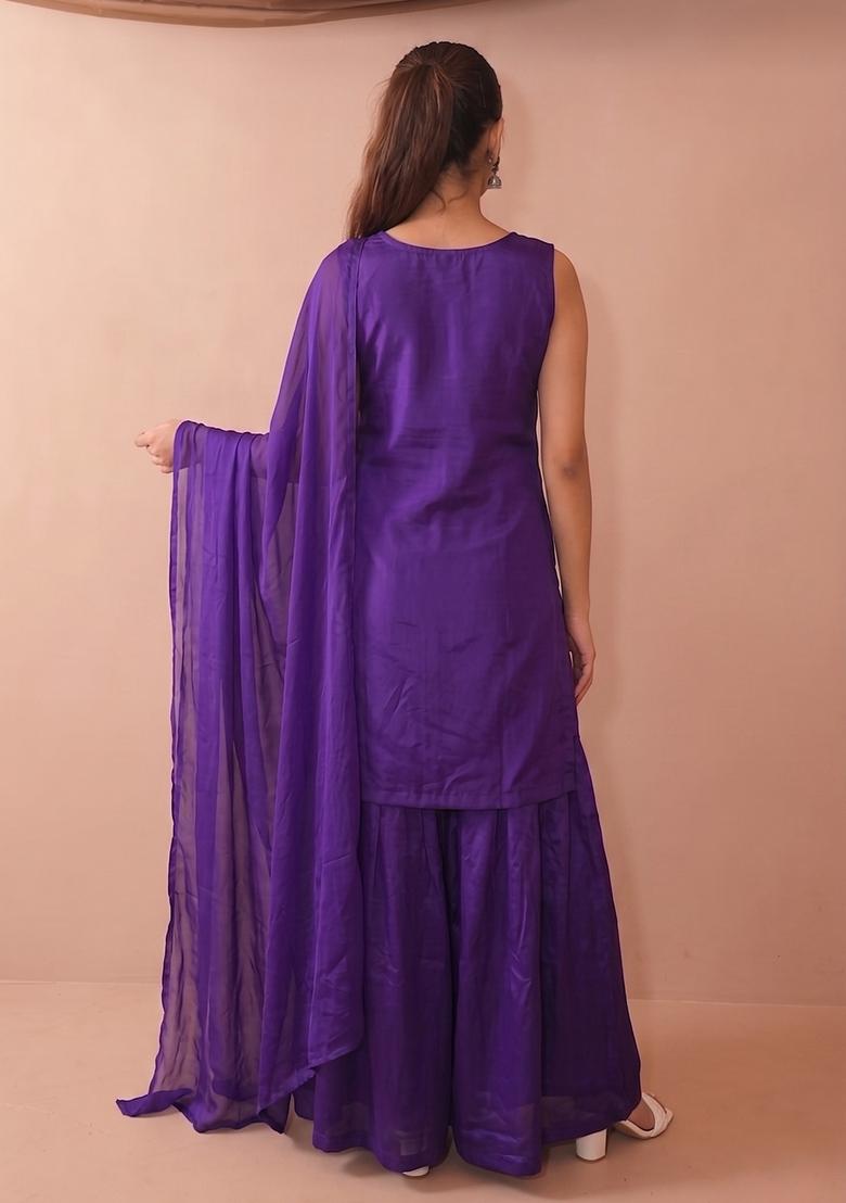 Purple Embroidery Silk Sharara Set - Indya
