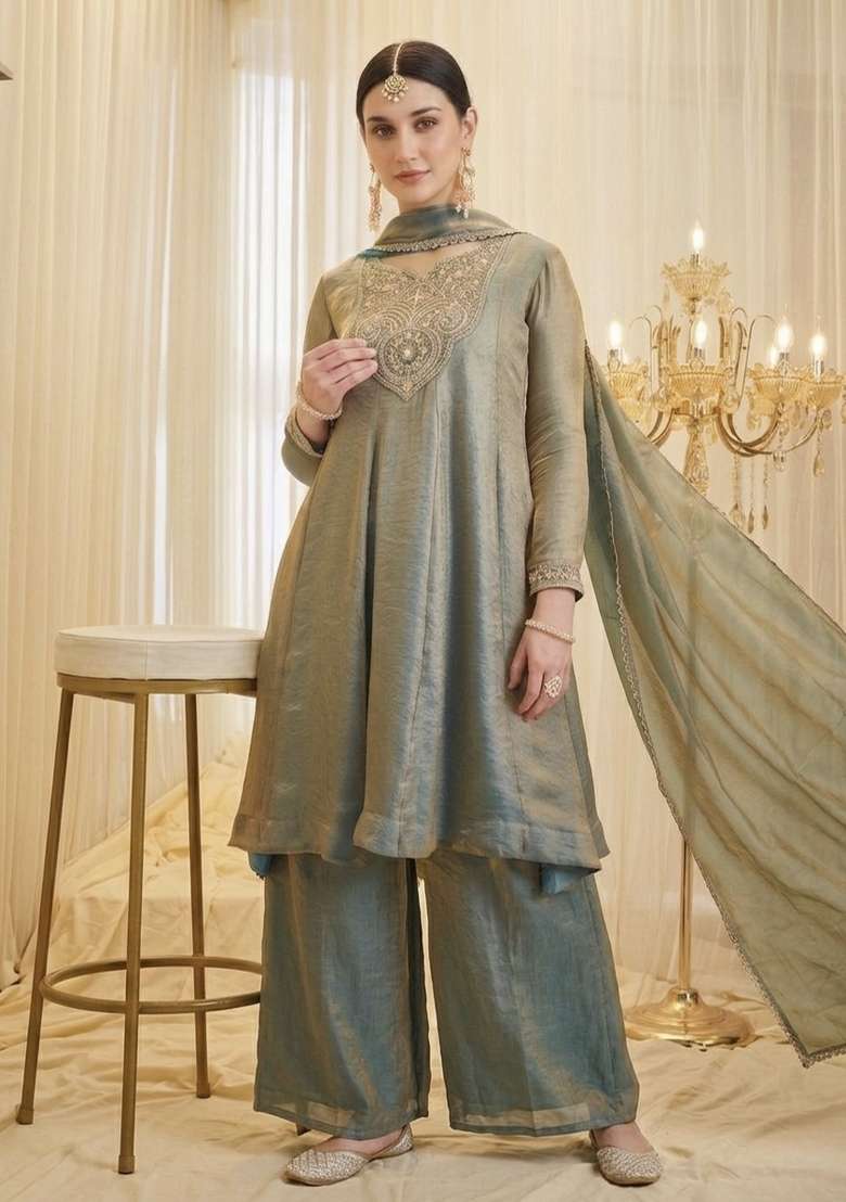 Sky Blue Embroidery Silk Palazzo Set - Indya