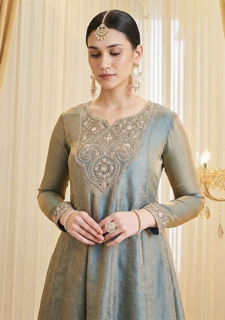 Sky Blue Embroidery Silk Palazzo Set - Indya