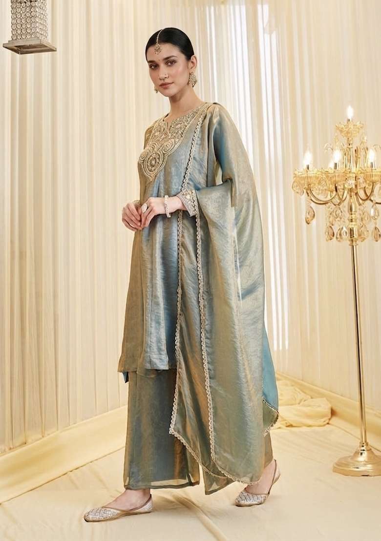 Sky Blue Embroidery Silk Palazzo Set - Indya