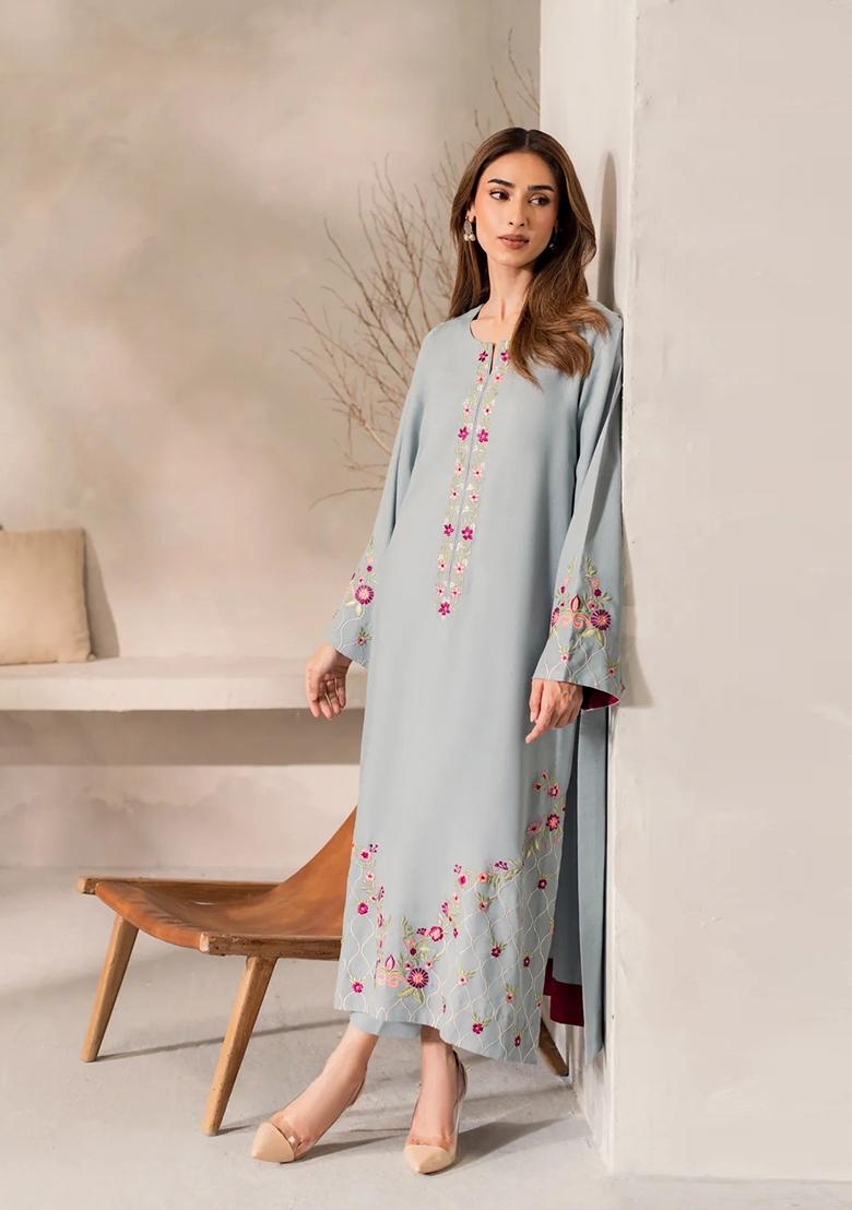 Light Blue Thread Work Silk Kurta Set - Indya