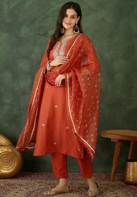 Rust Embroidery Silk Kurta Set