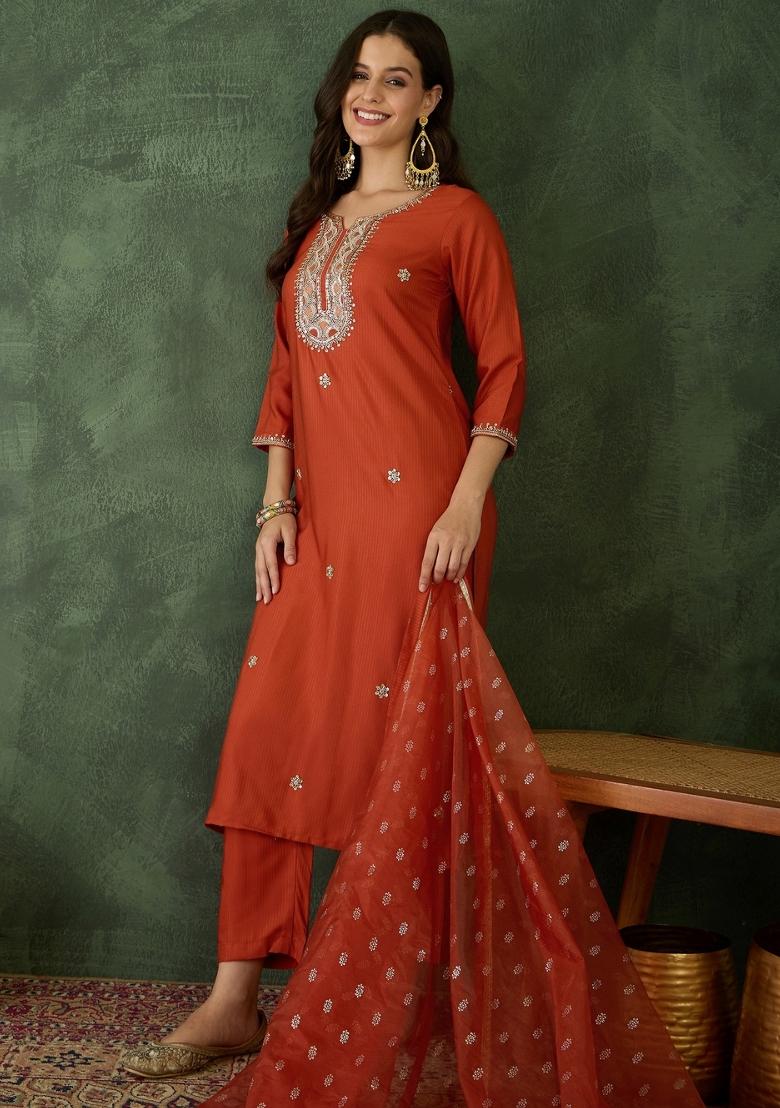 Rust Embroidery Silk Kurta Set - Indya