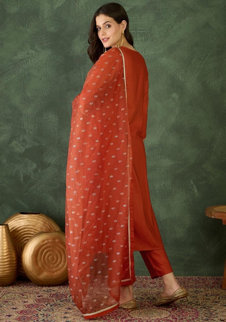 Rust Embroidery Silk Kurta Set - Indya