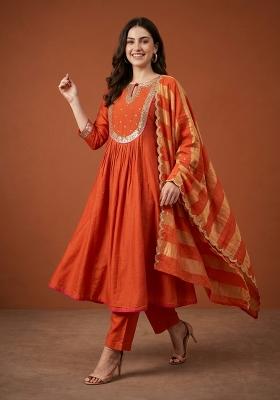 Rust Embroidery Chanderi Kurta Set