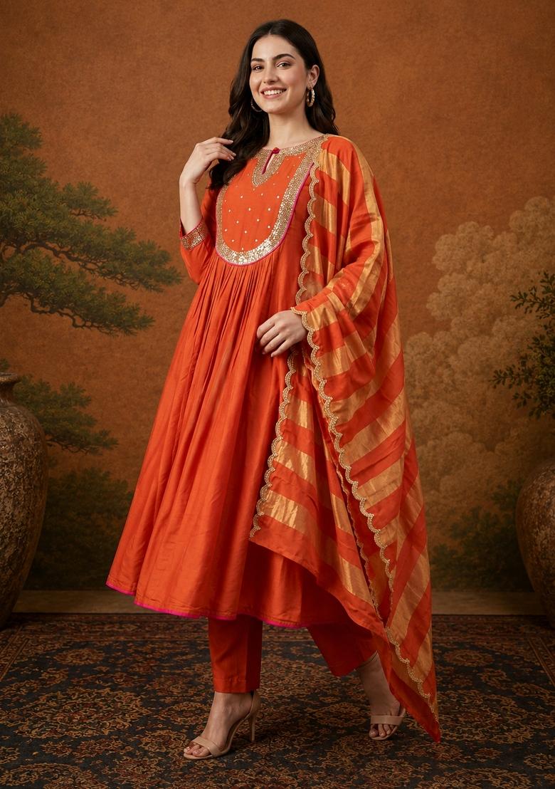 Rust Embroidery Chanderi Kurta Set - Indya